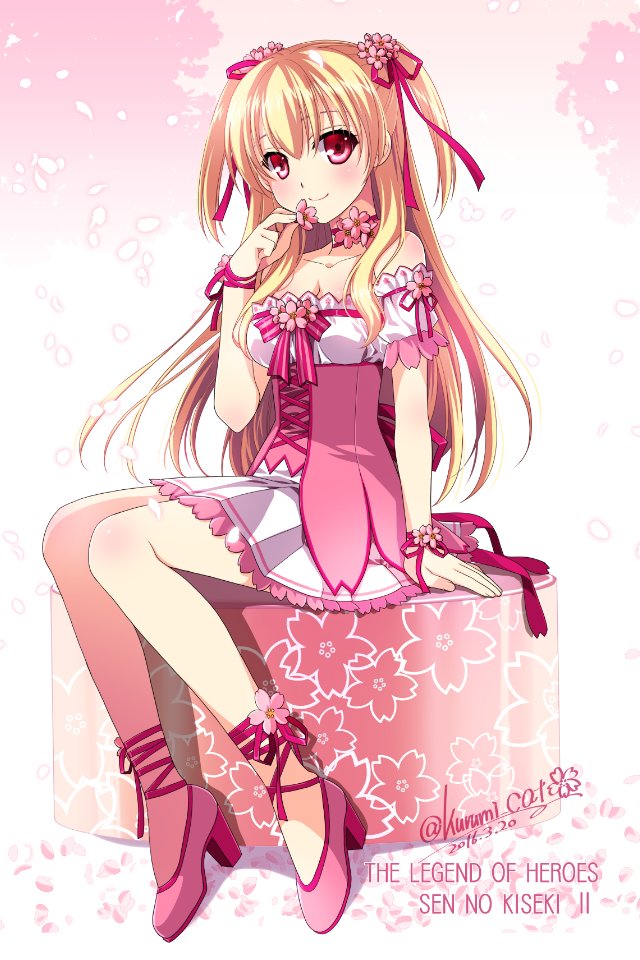 1girl, alisa_reinford, bare_shoulders, blonde_hair, bracelet, breasts, cherry_blossoms, cleavage