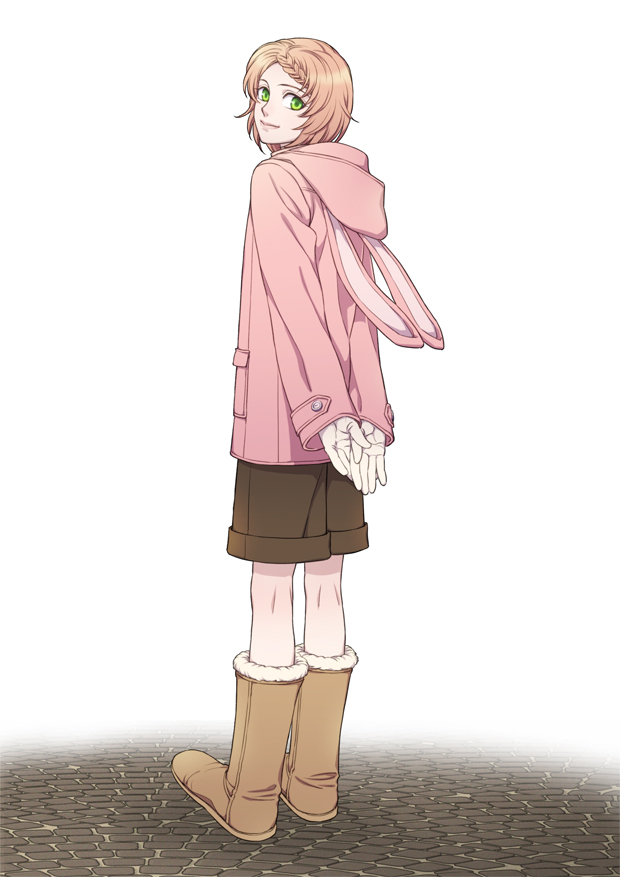 1boy, animal_hood, blonde_hair, boots, braid, brown_hair, bunny_hood, from_behind