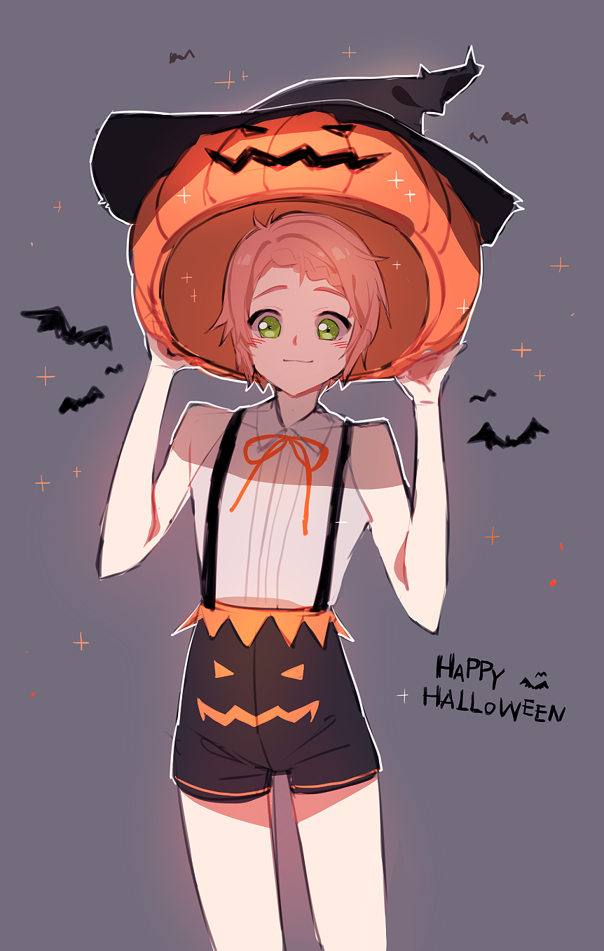 1boy, bat, berii_(cad_berry), braid, brown_hair, green_eyes, happy_halloween, highres