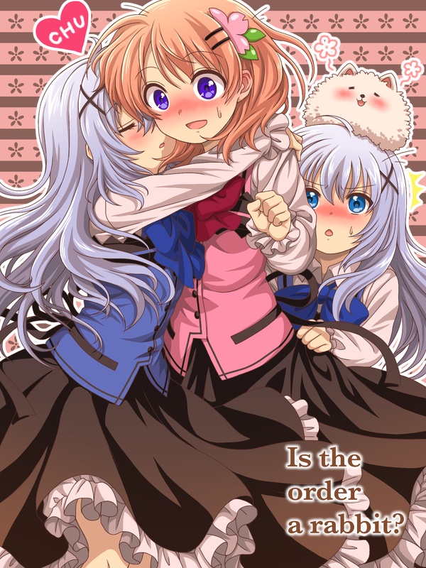 3girls, blue_eyes, blue_hair, bow, closed_eyes, copyright_name, dual_persona, gochuumon_wa_usagi_desu_ka?