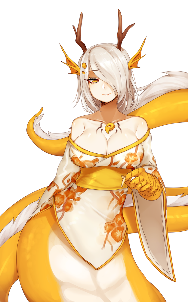 1girl, alternate_color, artist_request, bare_shoulders, breasts, cleavage, dragon, dragon_horns, eastern_dragon, grey_hair, hair_over_one_eye, head_fins, horns, japanese_clothes, kimono, lamia, large_breasts, looking_at_viewer, magatama, monster_girl, monster_girl_encyclopedia, obi, off_shoulder, paws, ryuu_(monster_girl_encyclopedia), sash, scales, short_hair, simple_background, smile, solo, white_background, wide_sleeves, yellow_eyes