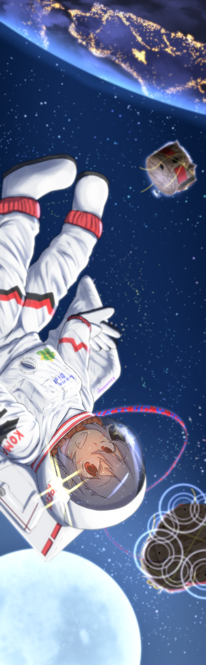 1girl, alternate_costume, astronaut, bat_wings, blue_hair, blush, earth, grin