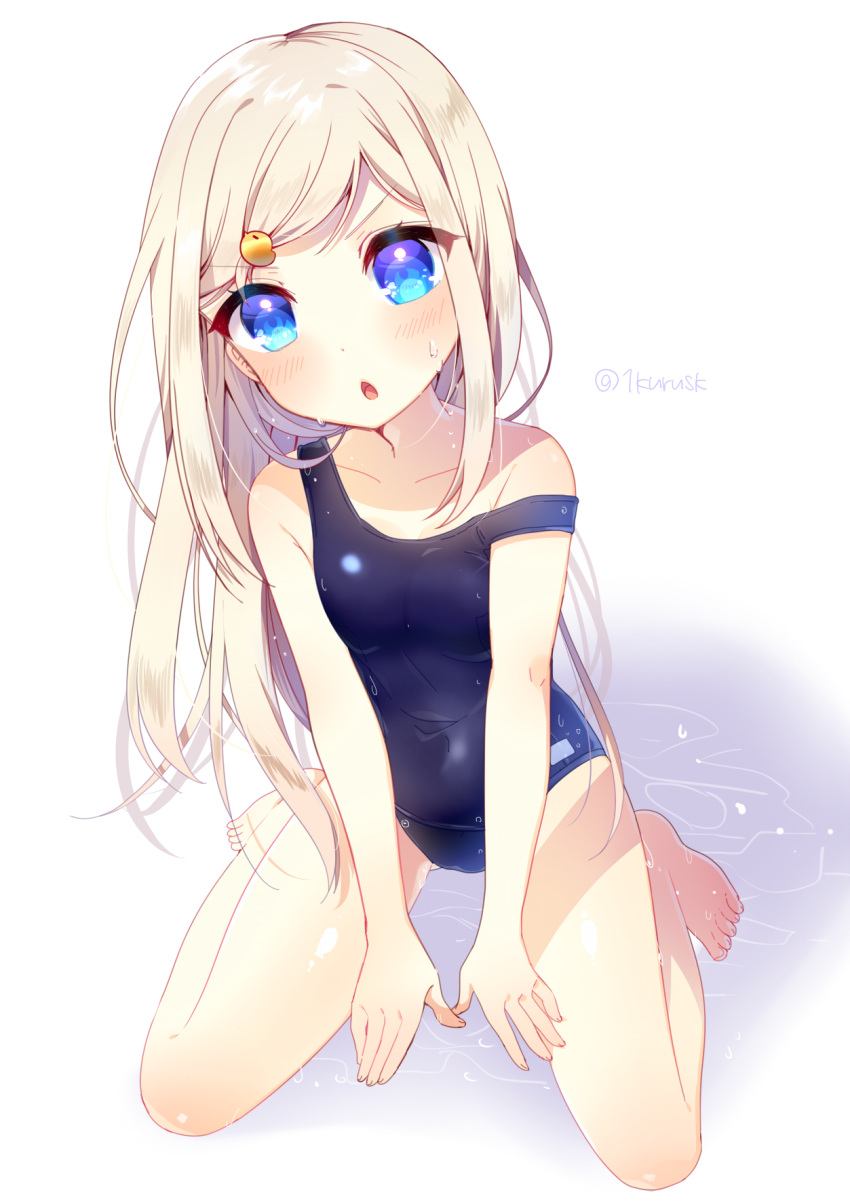 1girl, :o, ass_visible_through_thighs, bangs, bare_shoulders, barefoot, between_legs, bird_hair_ornament, blue_eyes, blue_swimsuit, collarbone, dripping, eyebrows, eyebrows_visible_through_hair, full_body, hair_ornament, hand_between_legs, head_tilt, highres, long_hair, looking_at_viewer, mafuyu_(chibi21), off_shoulder, one-piece_swimsuit, original, school_swimsuit, sitting, solo, swept_bangs, swimsuit, twitter_username, wariza, water, wet, white_background