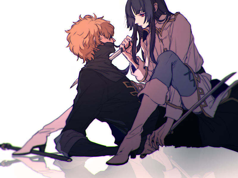 1boy, 1girl, bangs, black_hair, blue_legwear, blurry, boots, brown_hair, cravat, cross-laced_clothes, cross-laced_legwear, depth_of_field, eyebrows, eyebrows_visible_through_hair, gintama, hair_over_eyes, high_heel_boots, high_heels, hime_cut, holding, holding_hands, holding_sword, holding_weapon, imai_nobume, katana, leaning_back, long_hair, mask, military, military_uniform, on_person, orange_hair, pants, profile, red_eyes, reflection, shade, shimaru_saitou, short_sword, sitting, sitting_on_person, sketch, sleeves_rolled_up, sword, thigh-highs, uniform, unsheathed, weapon, white_background, white_boots, yuuki_(mnm217)