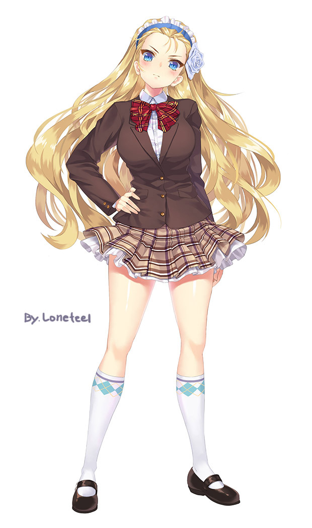 1girl, blazer, blonde_hair, blue_eyes, blush, commentary_request, flower, hair_flower