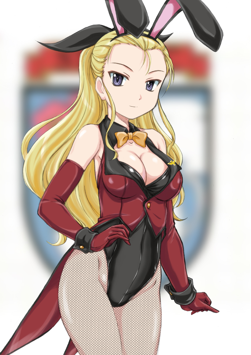 1girl, animal_ears, assam, black_eyes, blonde_hair, bow, bowtie, bunnysuit