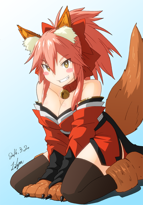 1girl, animal_ears, bell, bell_collar, black_legwear, blush_stickers, breasts, caster_(fate/extra)