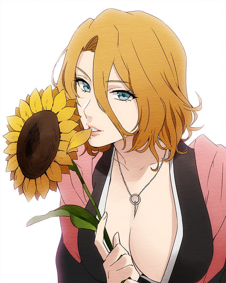 1girl, between_breasts, bleach, blue_eyes, breasts, cleavage, flower, hair_between_eyes