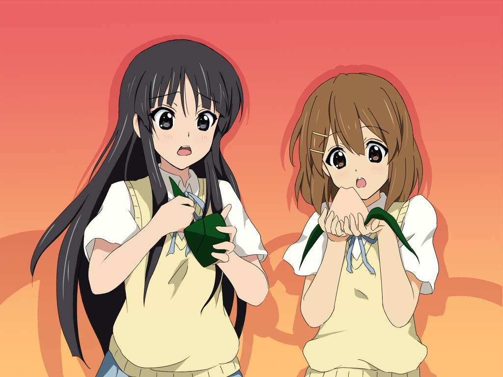 2girls, akiyama_mio, black_eyes, black_hair, brown_hair, hime_cut, hirasawa_yui, k-on!