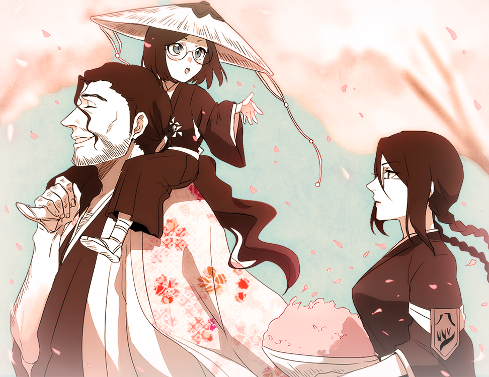 1boy, 2girls, :o, ajirogasa, armband, badge, black_hair, bleach