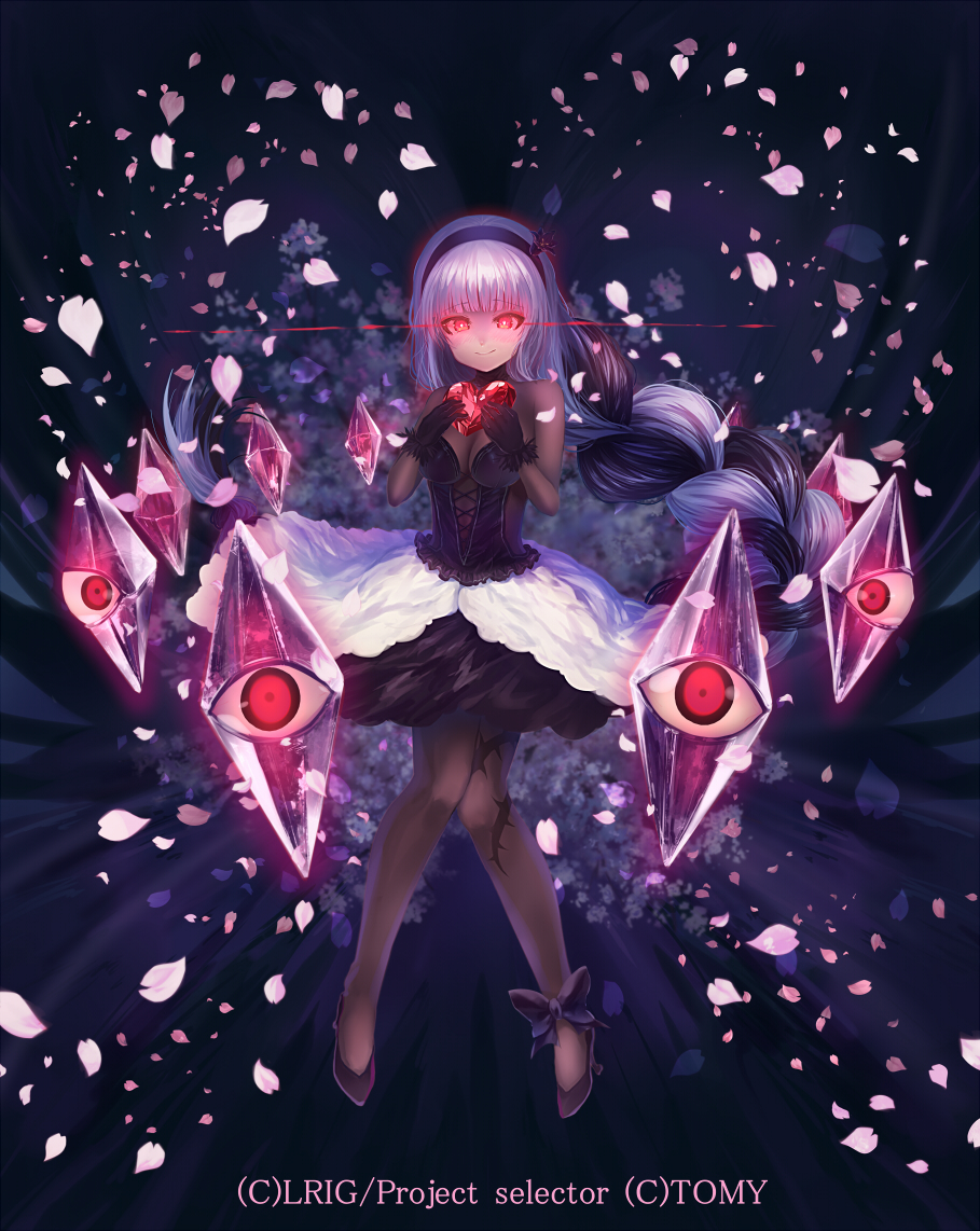 1girl, alfou_(wixoss), black_dress, black_gloves, black_hair, black_legwear, braid, breasts, cleavage, dqn_(dqnww), dress, gem, gloves, glowing, glowing_eyes, hairband, heart, long_hair, looking_at_viewer, multicolored_hair, official_art, overskirt, pantyhose, petals, red_eyes, see-through, silver_hair, solo, two-tone_hair, very_long_hair, wixoss