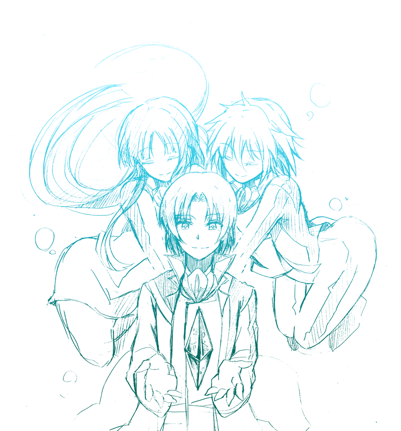 1boy, 2girls, ^_^, blue, canon_memphis, closed_eyes, coat, cropped_jacket