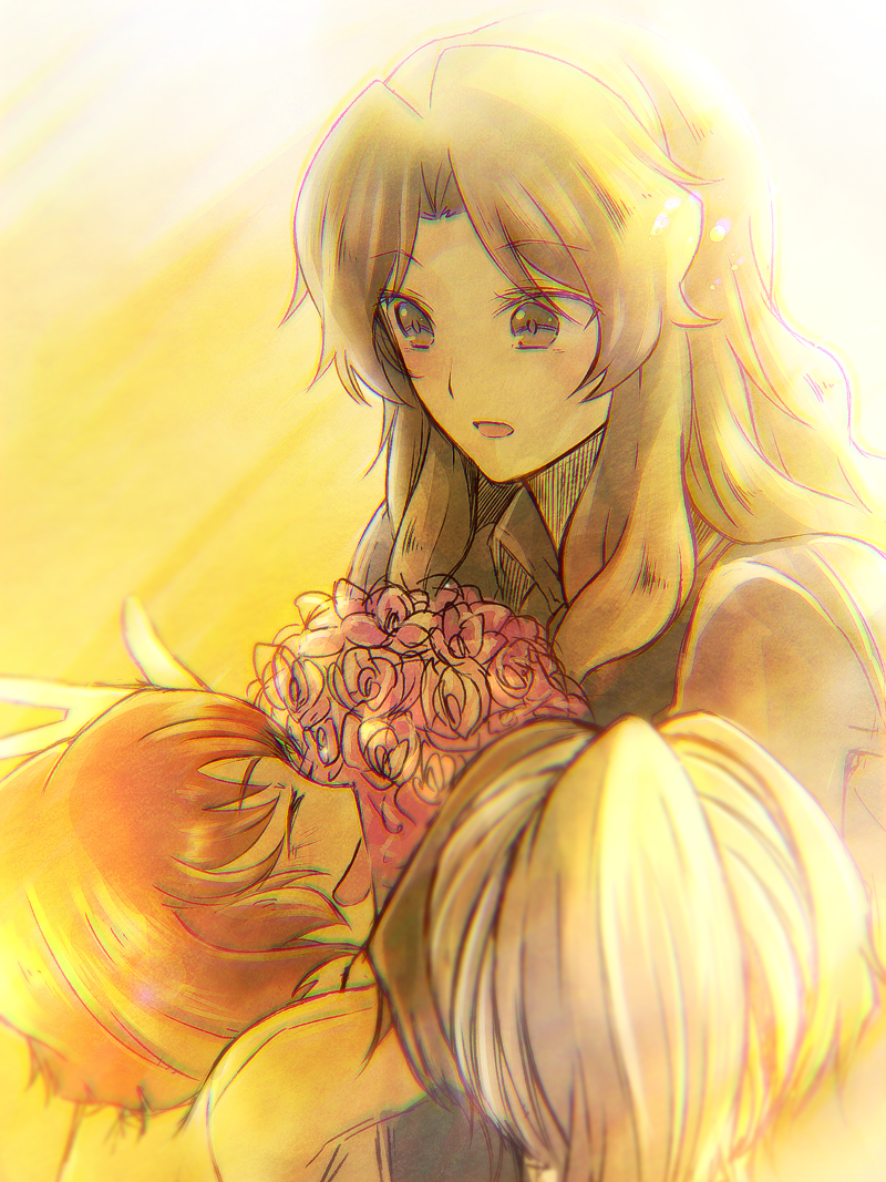 2girls, :d, ^_^, blush, bouquet, brown_eyes, brown_hair, closed_eyes, flower, haru_sakurazaki, long_hair, mother_and_daughter, multiple_girls, open_mouth, short_hair, smile, soukyuu_no_fafner, toomi_chizuru, toomi_maya, younger