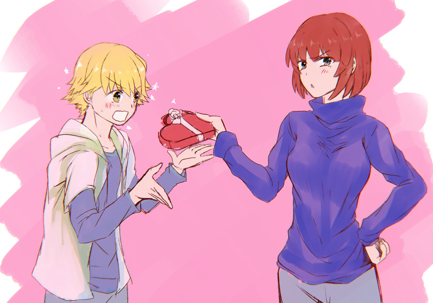 1boy, 1girl, :o, blonde_hair, blush, box, breasts, brown_eyes, brown_hair, couple, gift, gift_box, hand_on_hip, haru_sakurazaki, heart, heart-shaped_box, holding, holding_gift, hood, hoodie, kaburagi_sui, long_sleeves, nishio_rina, pink_background, shiny, shiny_hair, short_hair, soukyuu_no_fafner, sparkle, sweatdrop, sweater, turtleneck, valentine, wavy_mouth, yellow_eyes
