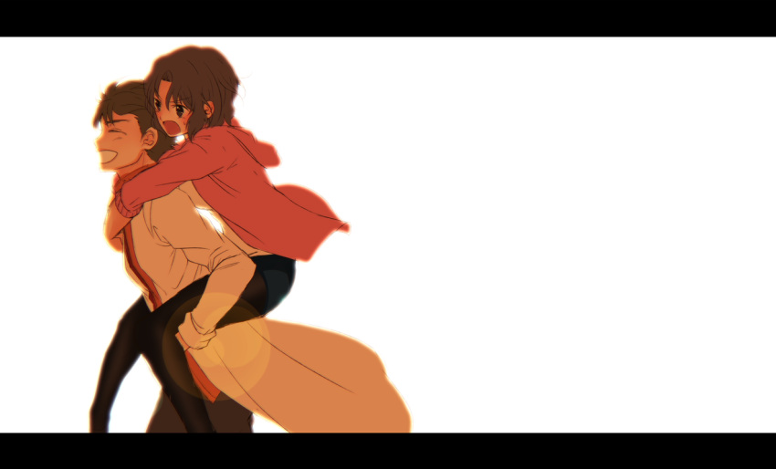 1boy, 1girl, :d, black_legwear, blush, brown_eyes, brown_hair, couple