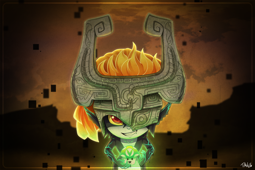 blurry, claws, depth_of_field, fang, grin, helmet, imp, long_hair
