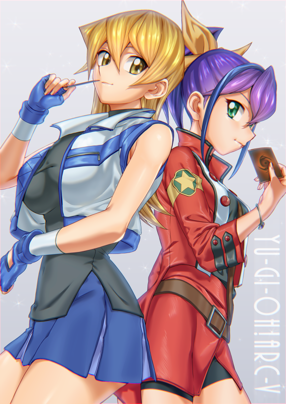 2girls, belt, bike_shorts, blonde_hair, blue_hair, bracelet, breasts, brown_eyes
