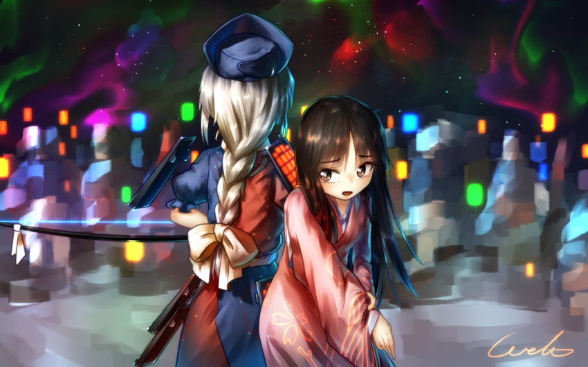 2girls, alternate_costume, alternate_eye_color, aurora, back-to-back, bangs, black_hair, blue_dress