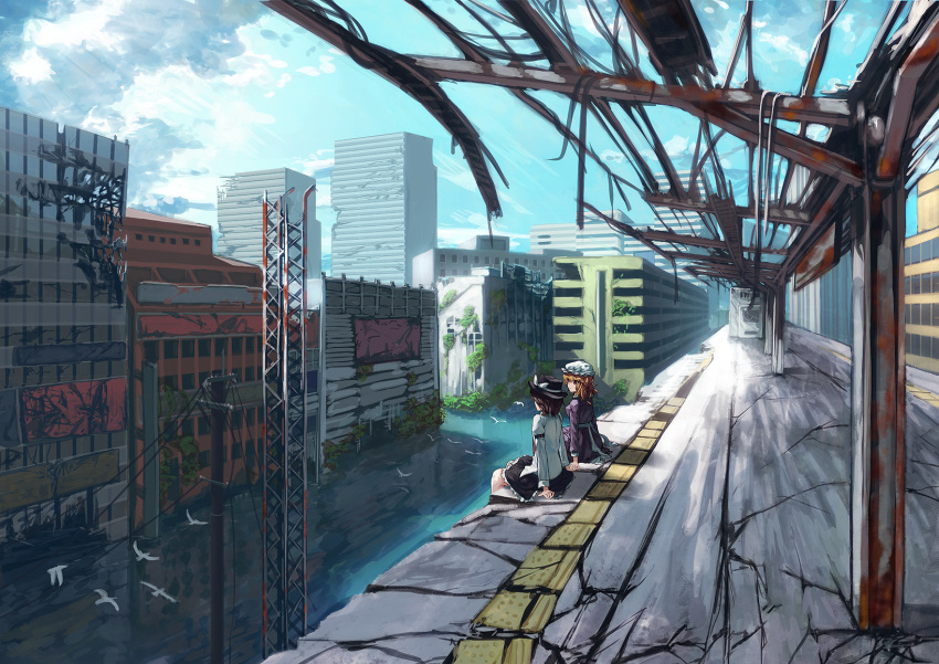 2girls, animal, arms_at_sides, back, banner, berabou, bird, black_hat