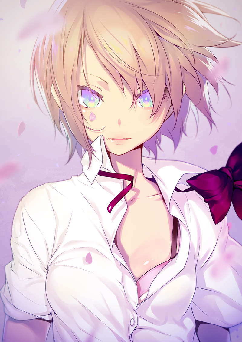 1girl, bangs, blonde_hair, bow, bowtie, bowtie_removed, bra, bra_slip