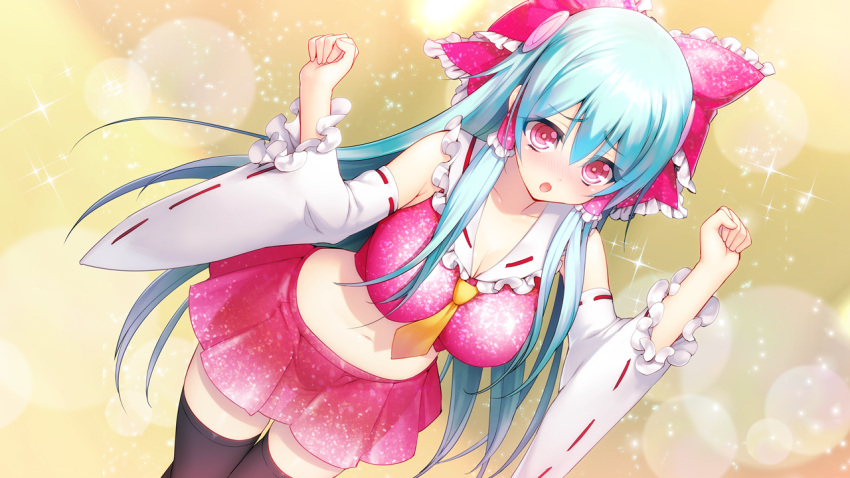 1girl, :o, ascot, black_legwear, blush, bow, breasts, cosplay, crop_top, detached_sleeves, dutch_angle, frills, game_cg, green_hair, hair_bow, hair_tubes, hakurei_reimu, hakurei_reimu_(cosplay), hougyou_ilia, large_breasts, long_hair, midriff, oosaki_shin'ya, pink_eyes, red_bow, ribbon-trimmed_collar, ribbon-trimmed_sleeves, ribbon_trim, skirt, solo, sparkle, thigh-highs, tokyo_necro, touhou, very_long_hair, zettai_ryouiki