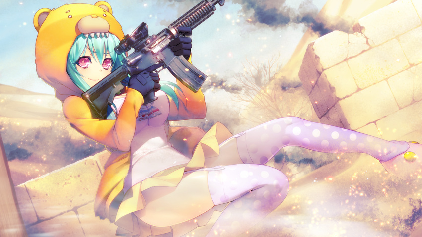 1girl, acog, animal_hood, assault_rifle, bear_hood, black_gloves, dutch_angle, game_cg