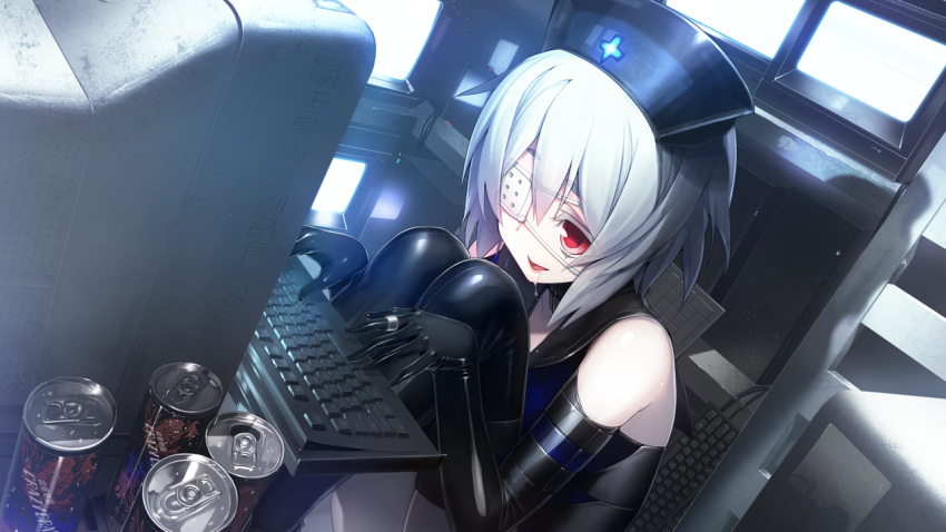 1girl, bare_shoulders, black_gloves, black_legwear, computer, con_su, drooling, elbow_gloves
