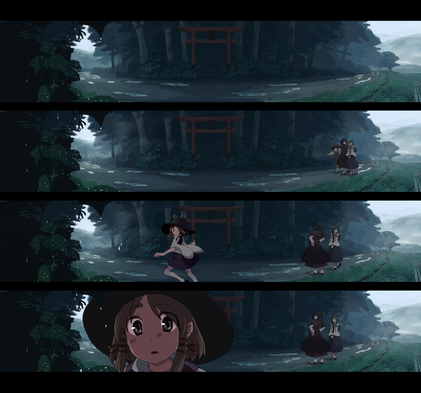 anime_coloring, comic, face, fisheye, forest, highres, kochiya_sanae, looking_at_viewer