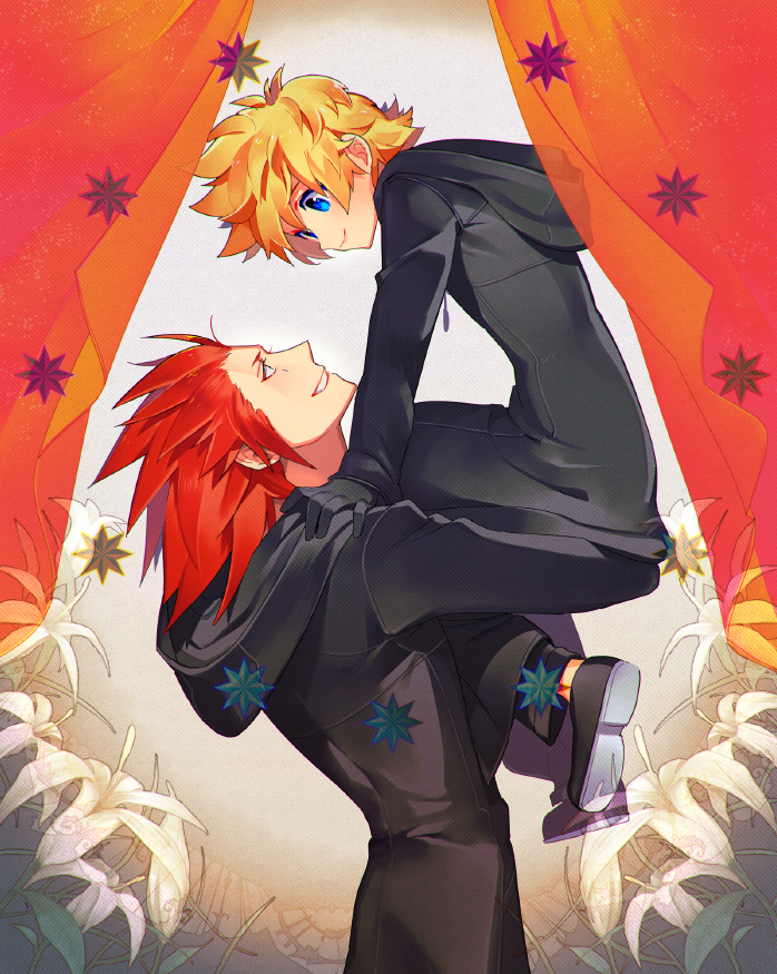 2boys, axel_(kingdom_hearts), black_gloves, black_shoes, blonde_hair, blue_eyes, carrying, coat
