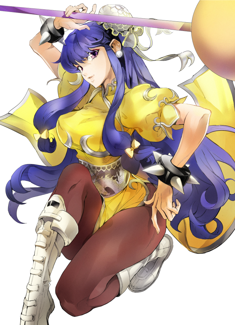 1girl, bracelet, bun_cover, china_dress, chinese_clothes, chun-li, chun-li_(cosplay), double_bun, dress, jewelry, long_hair, pantyhose, pelvic_curtain, purple_hair, ranma_1/2, shampoo_(ranma_1/2), solo, spiked_bracelet, spikes, street_fighter, violet_eyes, yonsang21