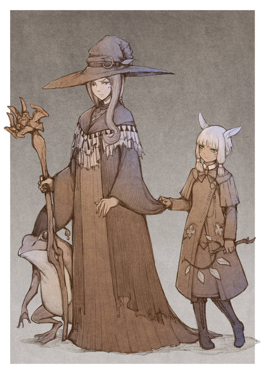 2girls, absurdres, animal_ears, cat_ears, facial_mark, final_fantasy, final_fantasy_xiv, frog