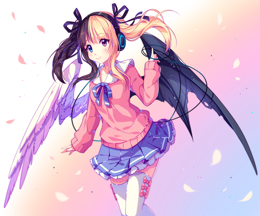 1girl, angel_wings, artist_name, asymmetrical_wings, black_hair, black_ribbon, black_wings, blonde_hair