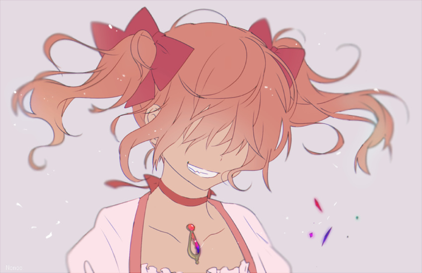 1girl, bow, collarbone, evil_grin, evil_smile, grin, hair_bow, hair_over_eyes