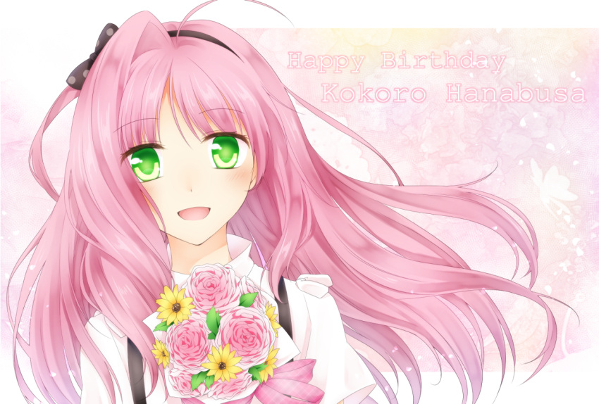 1boy, ahoge, blush, bouquet, bow, character_name, crossdressinging, doutika