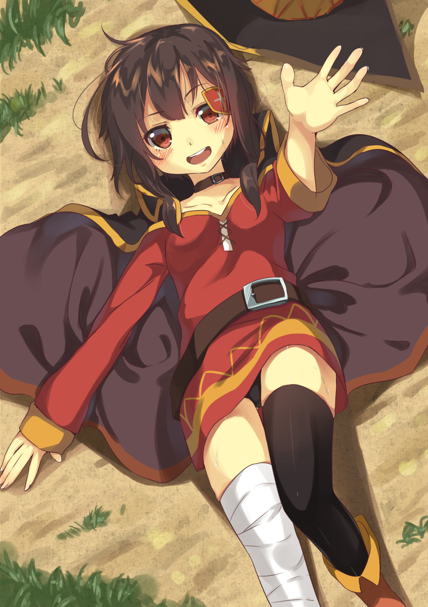 1girl, absurdres, ayataka, bandages, belt, black_legwear, blush, brown_hair