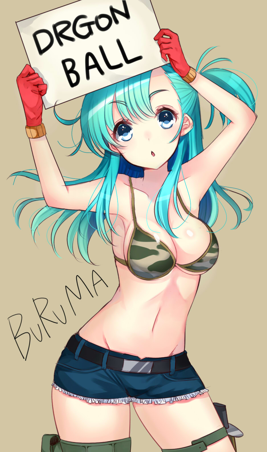 1girl, :o, alternate_costume, alternate_hairstyle, aqua_hair, arms_up, bangs, beige_background, belt, bikini_top, blue_eyes, blue_shorts, breasts, bulma, bulma_(cosplay), camouflage, chestnut_mouth, cleavage, collarbone, cosplay, cowboy_shot, dragon_ball, dragon_ball_z, engrish, eyebrows, eyebrows_visible_through_hair, eyelashes, fringe, gloves, groin, highres, holding, holster, kantai_collection, long_hair, nan_(jyomyon), navel, one_side_up, ranguage, red_gloves, shorts, sideboob, simple_background, solo, stomach, suzuya_(kantai_collection), thigh_holster, thigh_strap, typo, under_boob