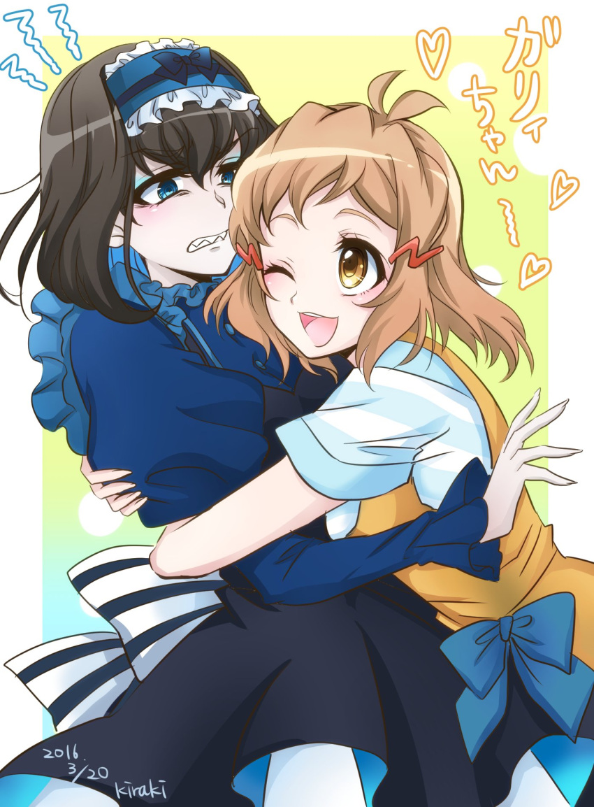 2girls, angry, artist_name, black_hair, blue_eyes, blue_hair, blush, bow