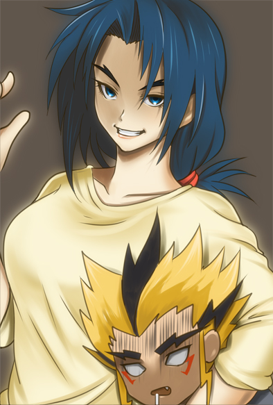 1boy, 1girl, blonde_hair, blue_eyes, blue_hair, drooling, eyebrows, forked_eyebrows