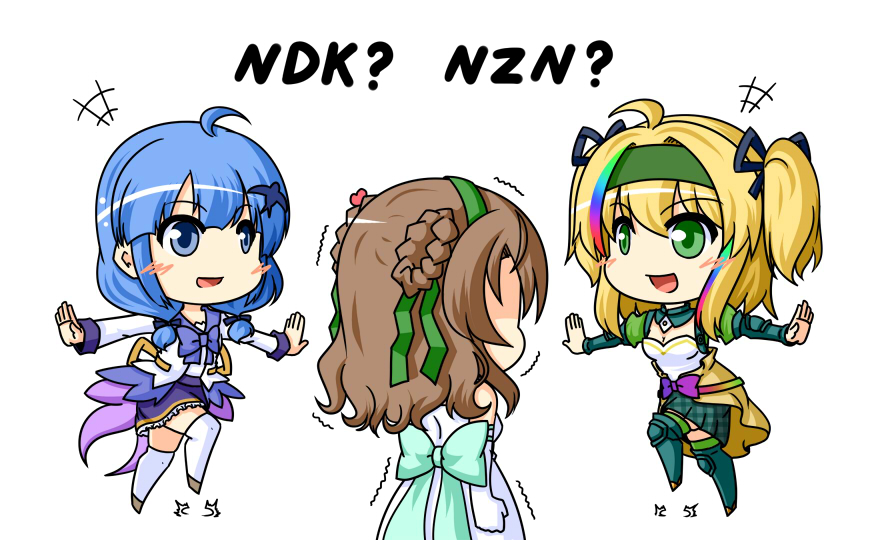 3girls, :d, ahoge, bag, blonde_hair, blue_hair, blush, bow