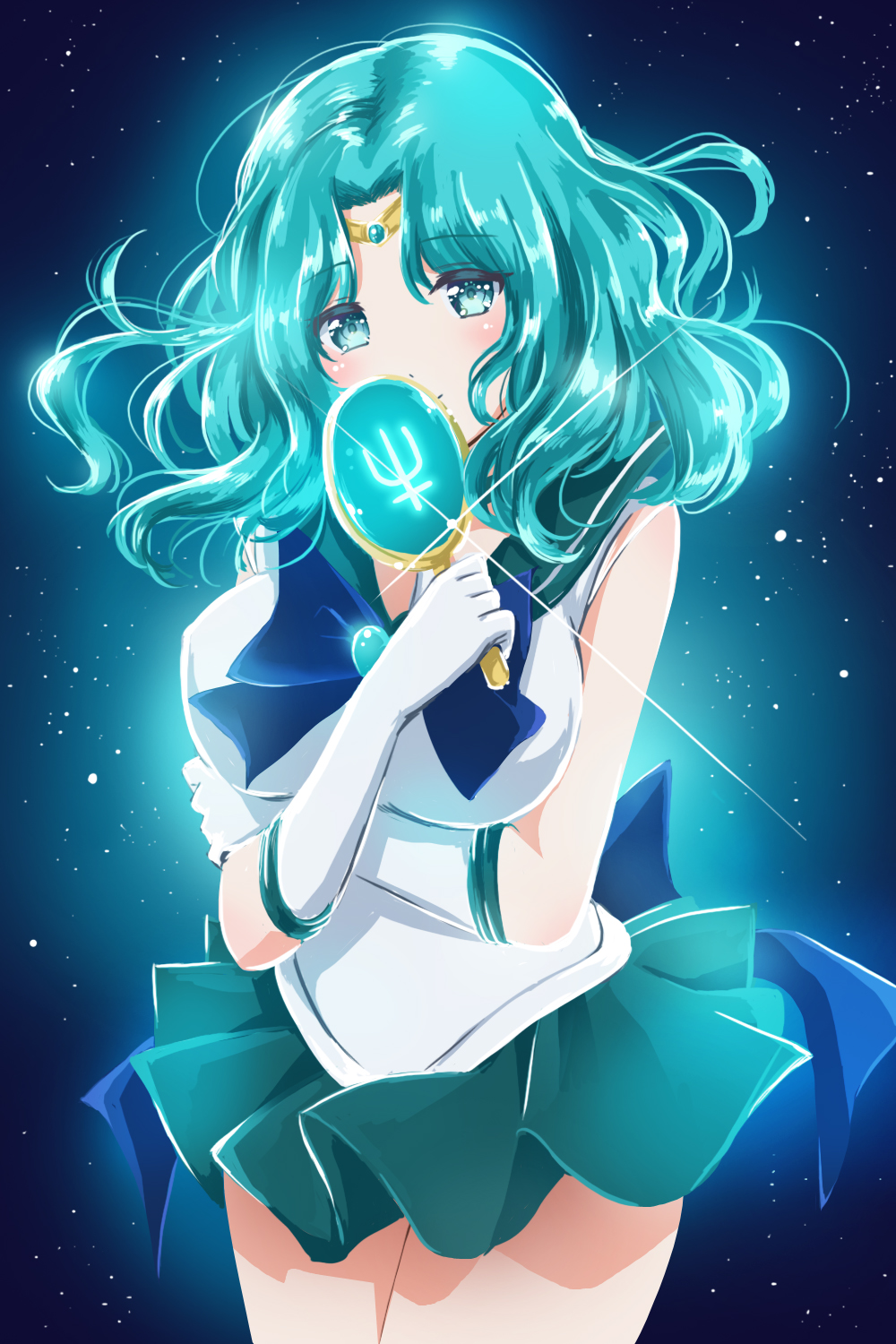 1girl, aqua_eyes, aqua_hair, bad_id, bishoujo_senshi_sailor_moon, blue_background, blue_bow, bow