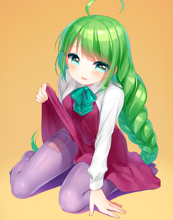 1girl, ahoge, blush, bow, bowtie, braid, dress, green_eyes