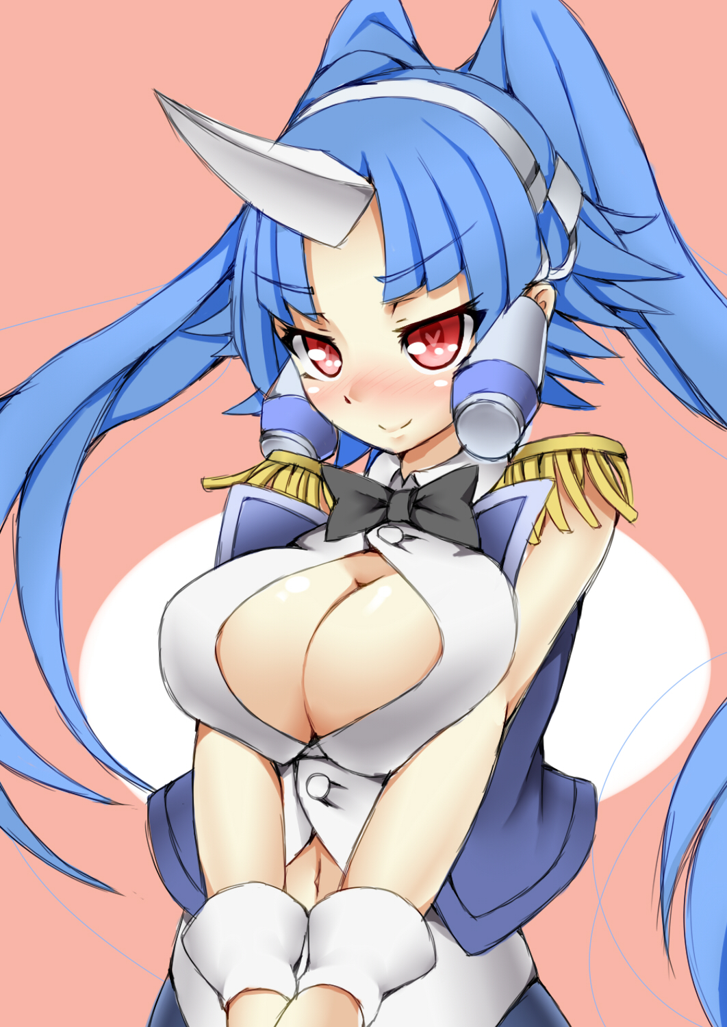1girl, blue_hair, blush, breasts, cleavage, cleavage_cutout, commentary_request, duel_monster