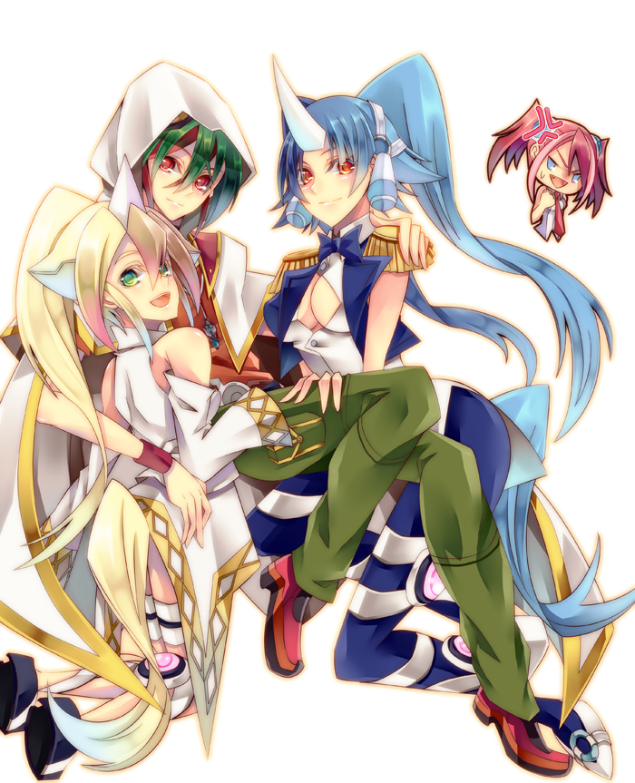 1boy, 3girls, akisaki, anger_vein, angry, bare_shoulders, blonde_hair, blue_eyes