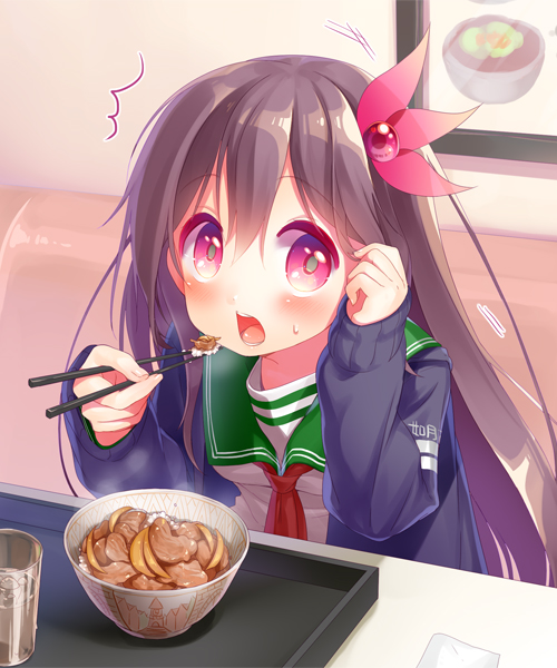 1girl, brown_hair, chopsticks, gyuudon, hair_ornament, jacket, kantai_collection, kisaragi_(kantai_collection)