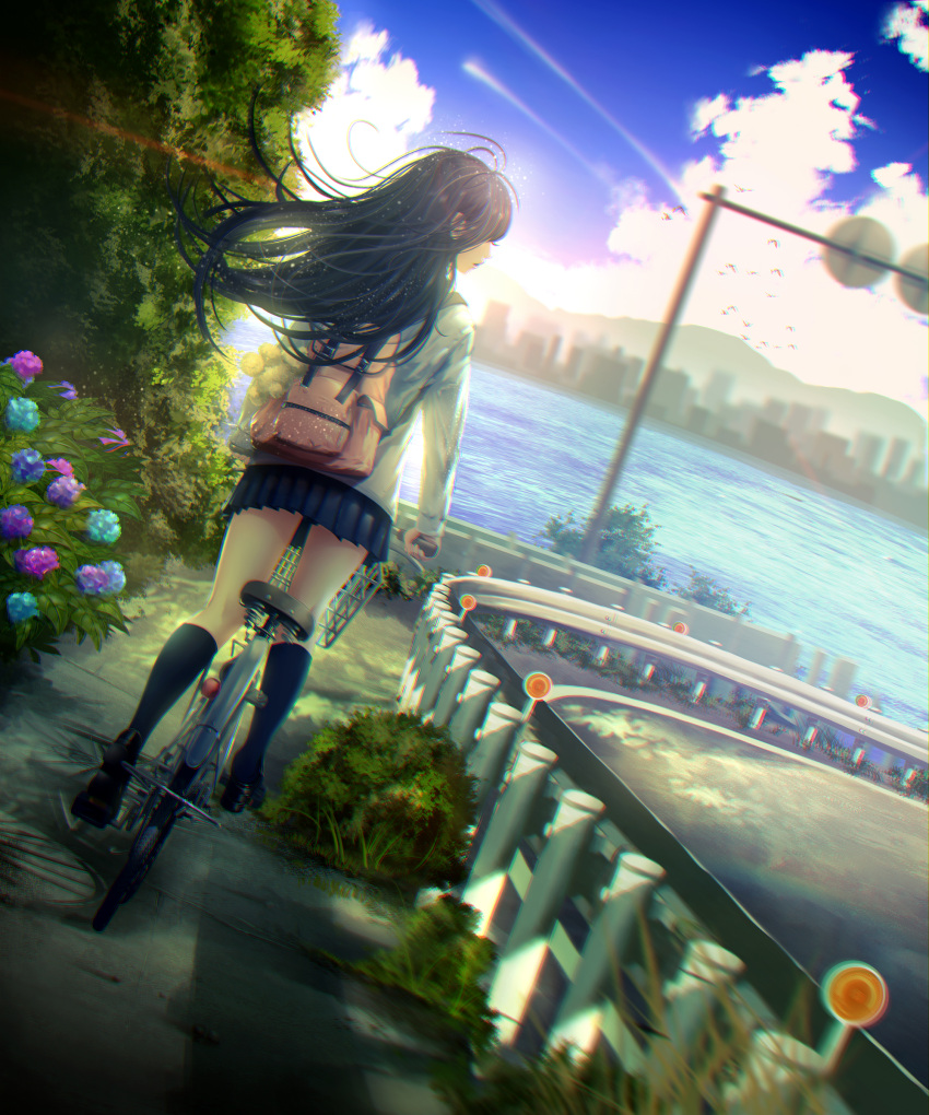 1girl, absurdres, animal, back, backpack, bag, bicycle, bicycle_basket