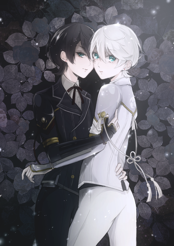 2boys, alternate_hair_color, azi_(ususio6), black_hair, blue_eyes, double-breasted, dual_persona, ear_studs