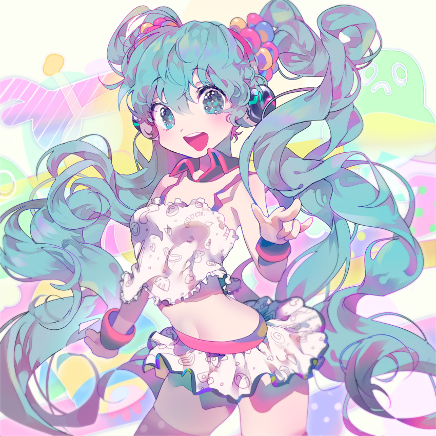 1girl, camisole, cowboy_shot, green_eyes, green_hair, hatsune_miku, headphones, highres