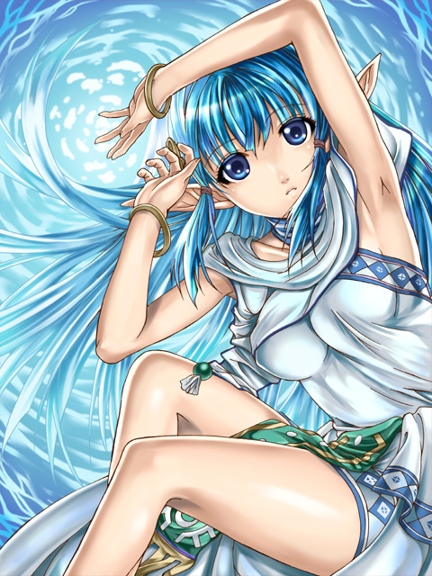 blue_eyes, blue_hair, bracelet, breasts, choker, dress, falcom, hgmg, jewelry, legs, long_hair, olha, pointy_ears, rehda, saburou_(hgmg), very_long_hair, ys, ys_vi
