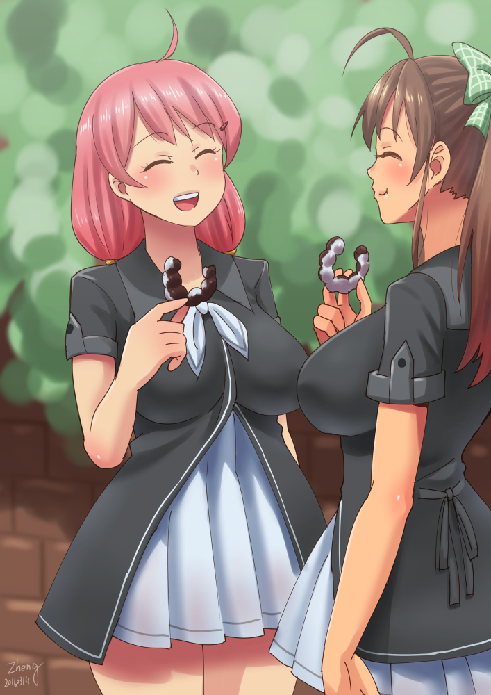2girls, ahoge, blush, bow, breasts, brown_hair, closed_eyes, doughnut