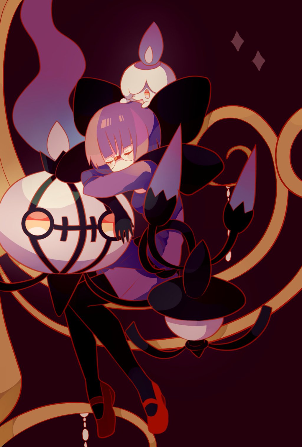 1girl, black_legwear, bob_cut, chandelure, dress, fire, glasses, gloves